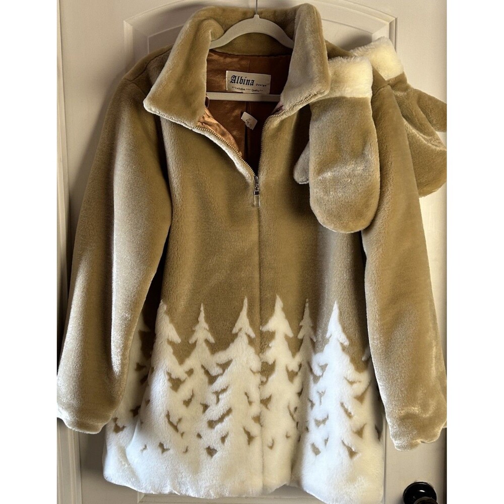 Vintage Albina Tan Faux Fur Jacket White Tree Pattern Matching Mittens Wm’s XL
